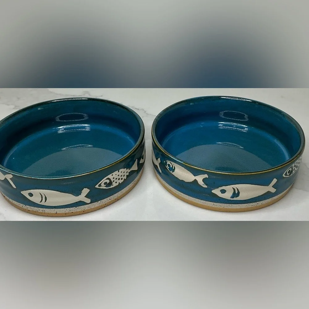 2 Spectrum Designs Pet Bowls Dishes Meow Ceramic Cat Faces 4.9 Dark Blue New